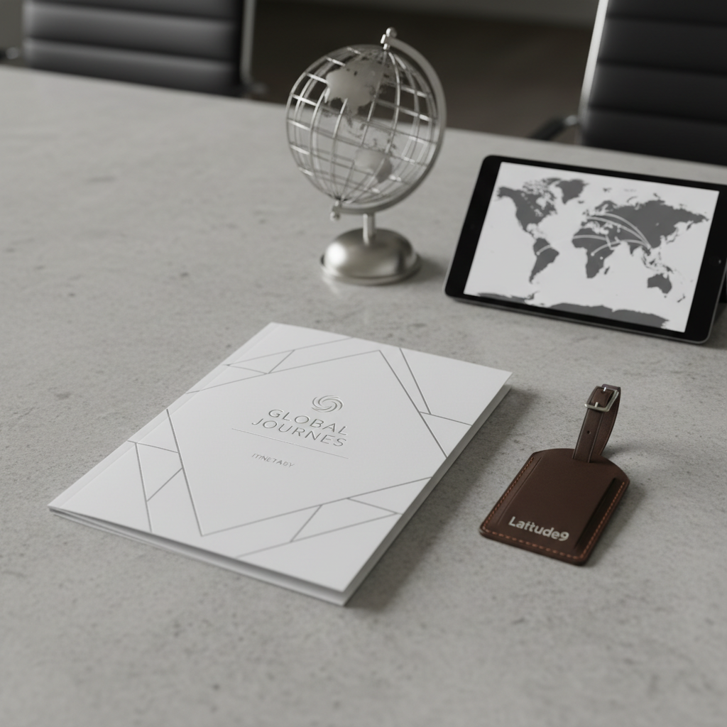 An elegant, structured itinerary booklet in matte white with subtle silver embossing is opened atop a smooth granite conference table, accompanied by a high-end leather luggage tag etched with the Latitude9 logo. In the background, a minimalist globe in brushed nickel sits beside a slimline digital tablet displaying a monochrome map. The room is bathed in soft, indirect office lighting, which creates understated highlights and refined shadows, emphasizing details without distraction. Captured from an overhead, flat-lay vantage, the image employs crisp focus and clean symmetry. The mood is focused and sophisticated, reflecting meticulous planning and professionalism. The visual style is photographic and corporate, blending neutral tones, balanced composition, and a sense of exclusive travel expertise.