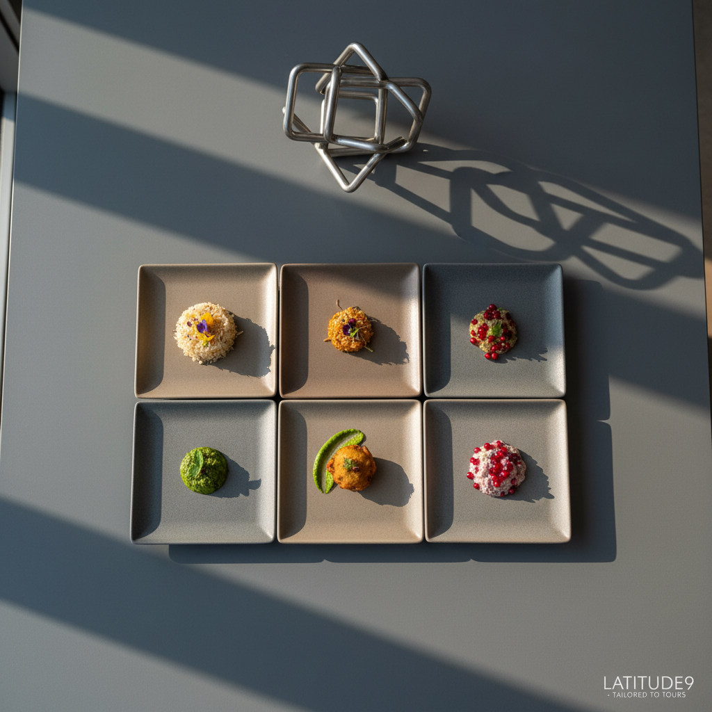 A geometric arrangement of minimalist, matte porcelain plates in neutral taupe and stone colors, each holding an artfully presented small portion of classic Indian cuisine such as delicately spiced rice and vibrant chutney, rests atop a smooth slate-gray dining table. The background is sparsely decorated with a modern, abstract centerpiece made of stainless steel. Natural evening light filters in from a nearby window, casting gentle, elongated shadows and a contemplative mood. Captured from a bird’s-eye view for visual clarity, the photo’s composition features symmetrical balance and a crisp, corporate aesthetic. The style is clean and photographic, with an emphasis on orderly presentation and elegance, perfectly suggesting curated, high-end culinary experiences on Latitude9’s tailored tours.