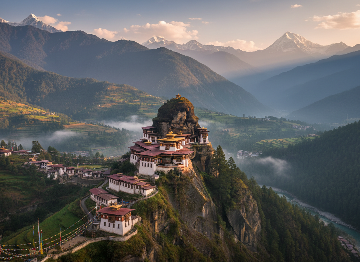 A stunning, high-resolution Bhutan mountain landscape with lush green valleys, traditional Bhutanese architecture, and soft golden light, travel photography style